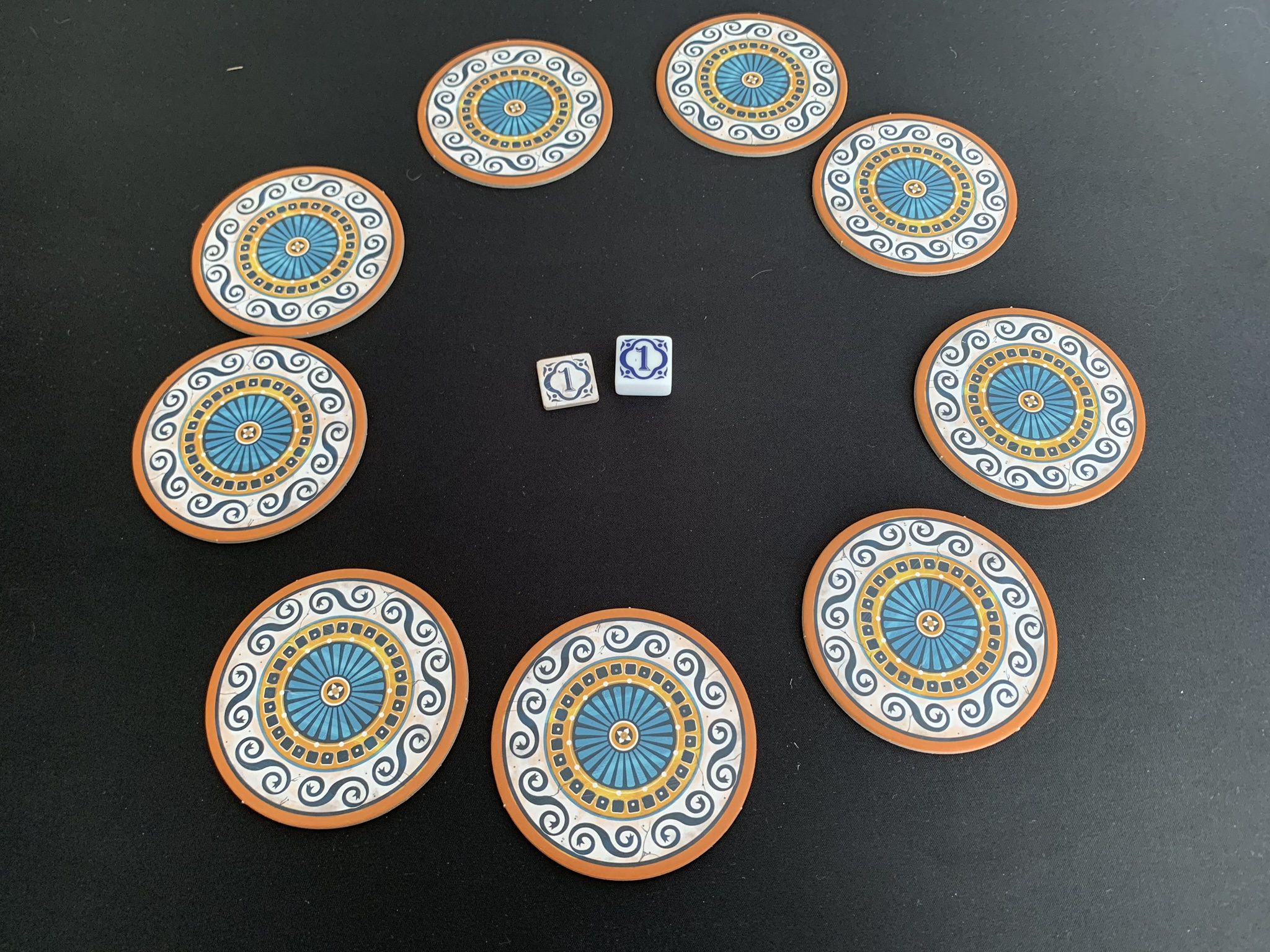 Factory tiles and the 2 versions of the 1st player token