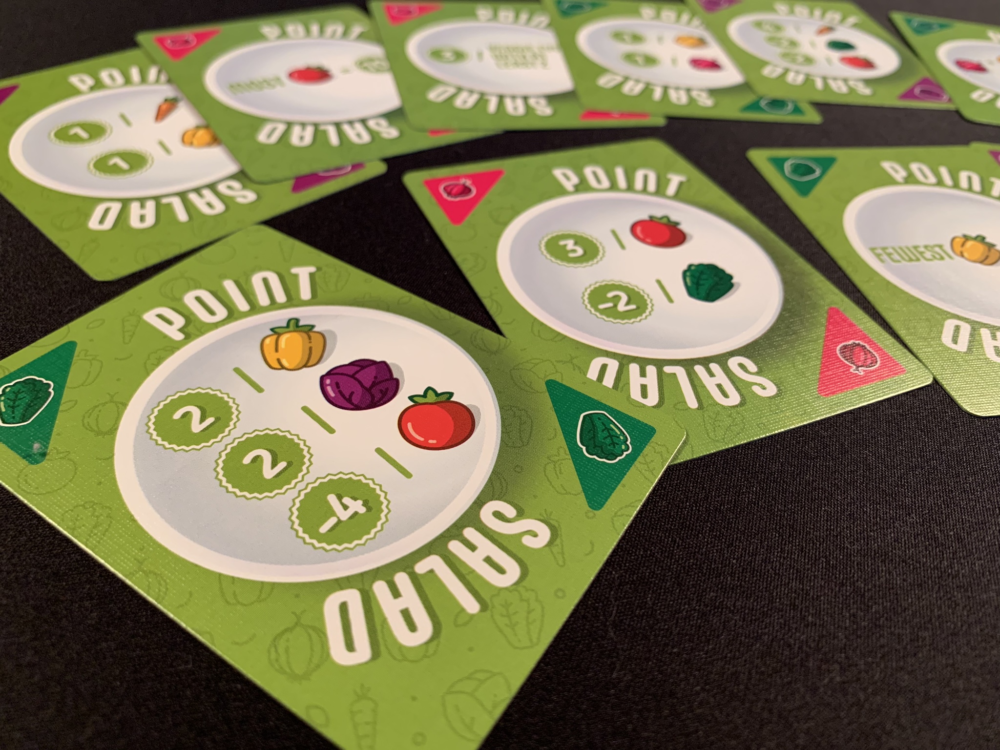 Point side of the cards, vegetables on the other side